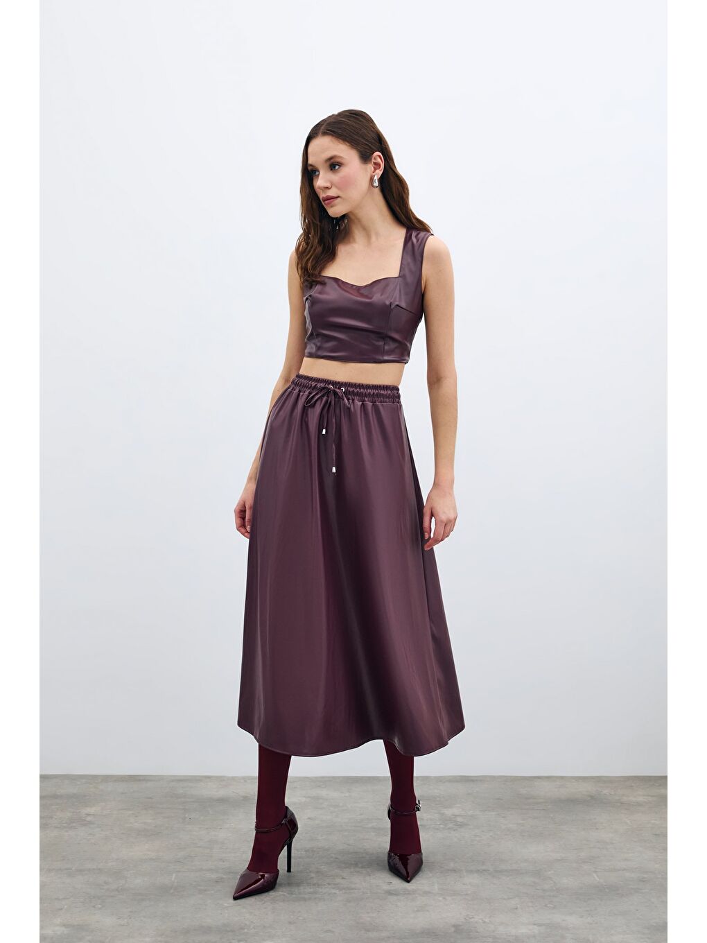 Bel Lastikli Deri Etek - Bordo-2