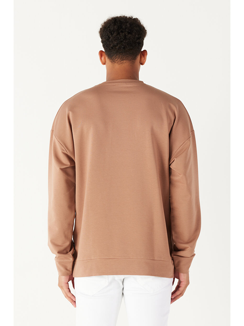 Bej Erkek Vizon Oversize Fit Geniş Kesim Bisiklet Yaka Pamuklu Sweatshirt-4