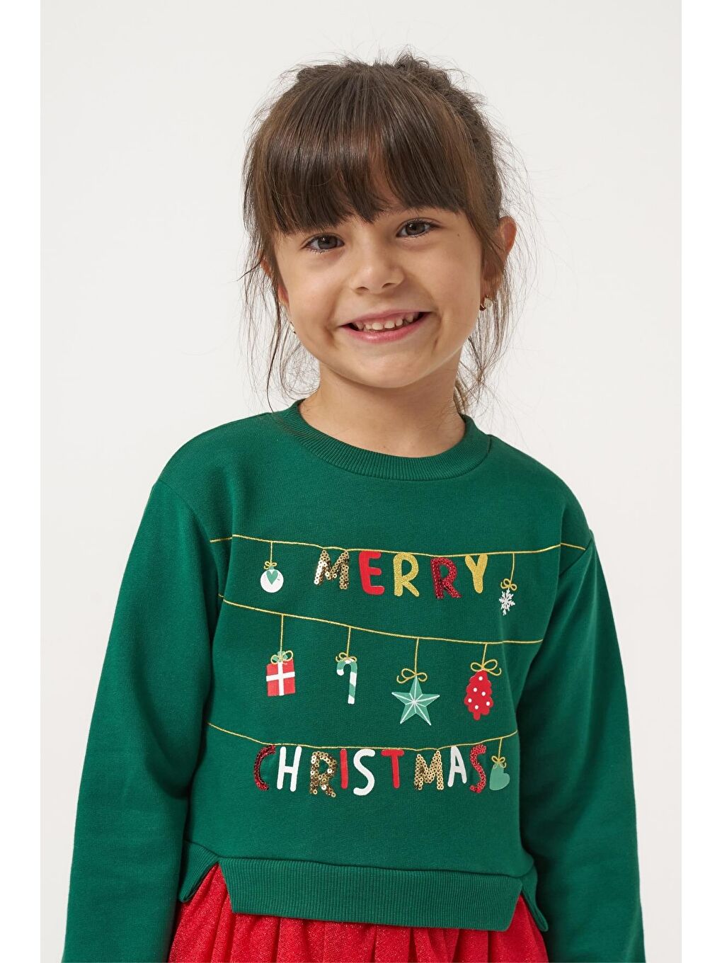 Karışık Kız Çocuk Pamuklu Yeşil Üst Kırmızı Tüllü Yeni Yıl Temalı Elbise-5