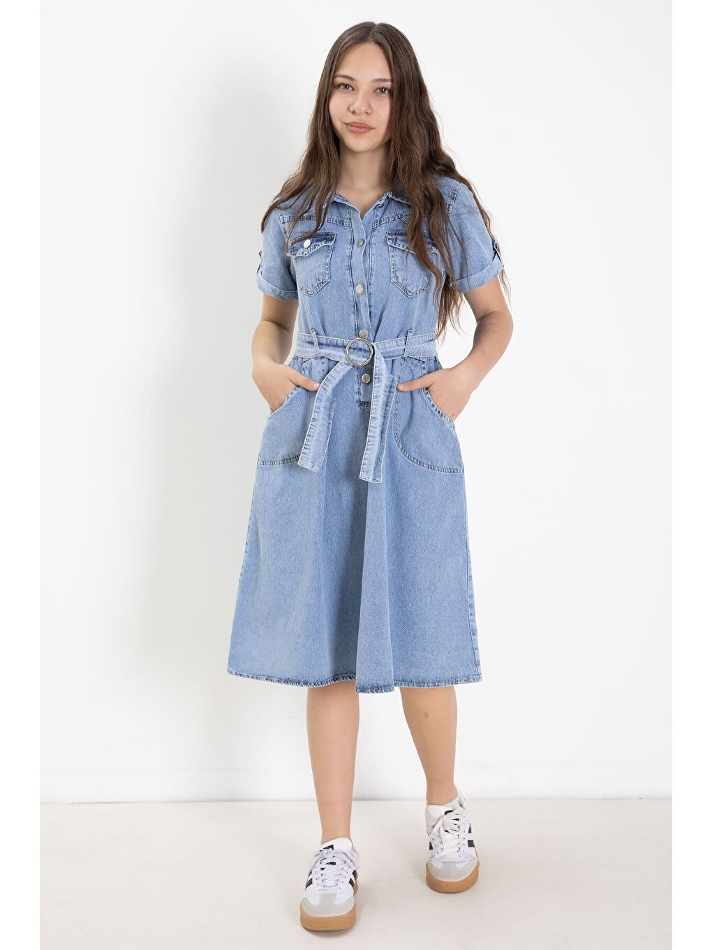 Mavi Gömlek Yaka Kısa Kollu Kız Çocuk Kuşaklı Jean Elbise 24020-3
