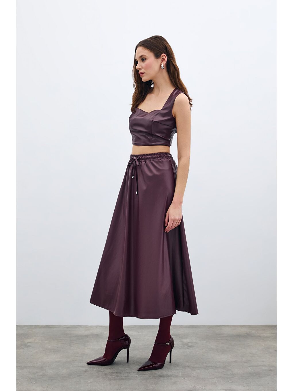 Bel Lastikli Deri Etek - Bordo-3