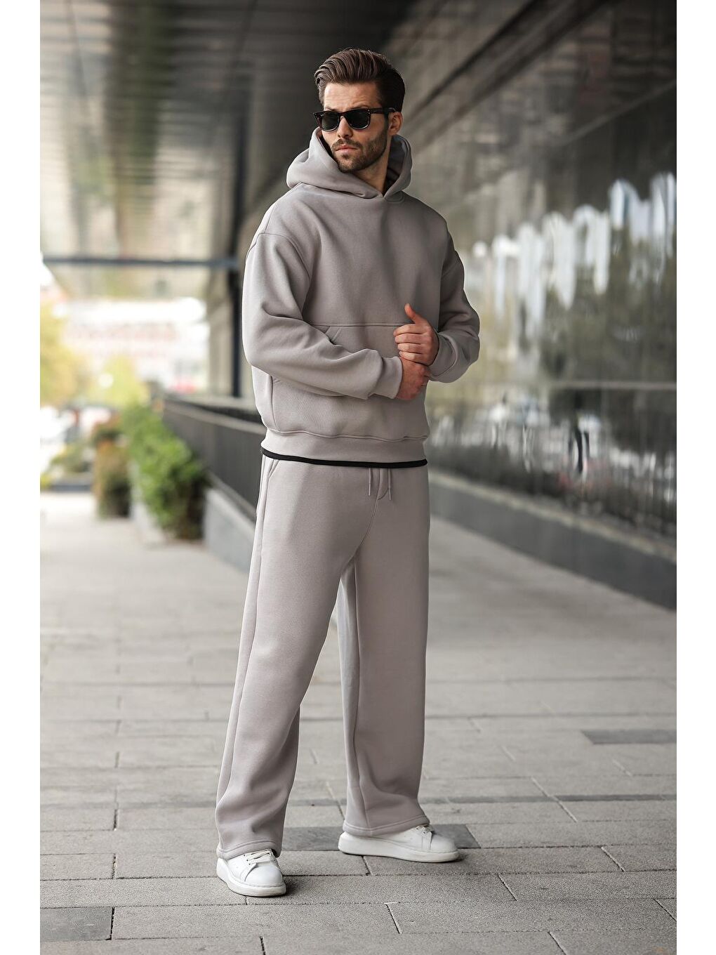 Boyalı Gri Kapüşonlu Kanguru Cep Erkek Eşofman Takımı E7338-3