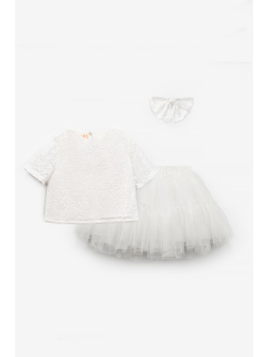 Beyaz Üzeri Pul Detaylı Tül Etekli İkili Takım - Freya-3