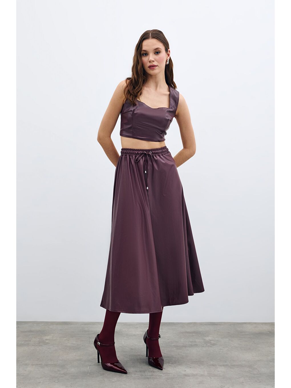 Bel Lastikli Deri Etek - Bordo-4