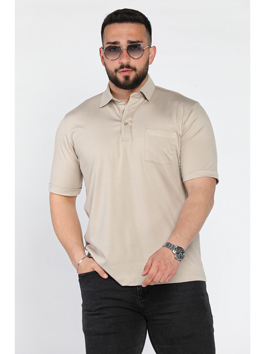 Bej Polo Yaka Yarım Düğmeli Cepli Erkek Tişört