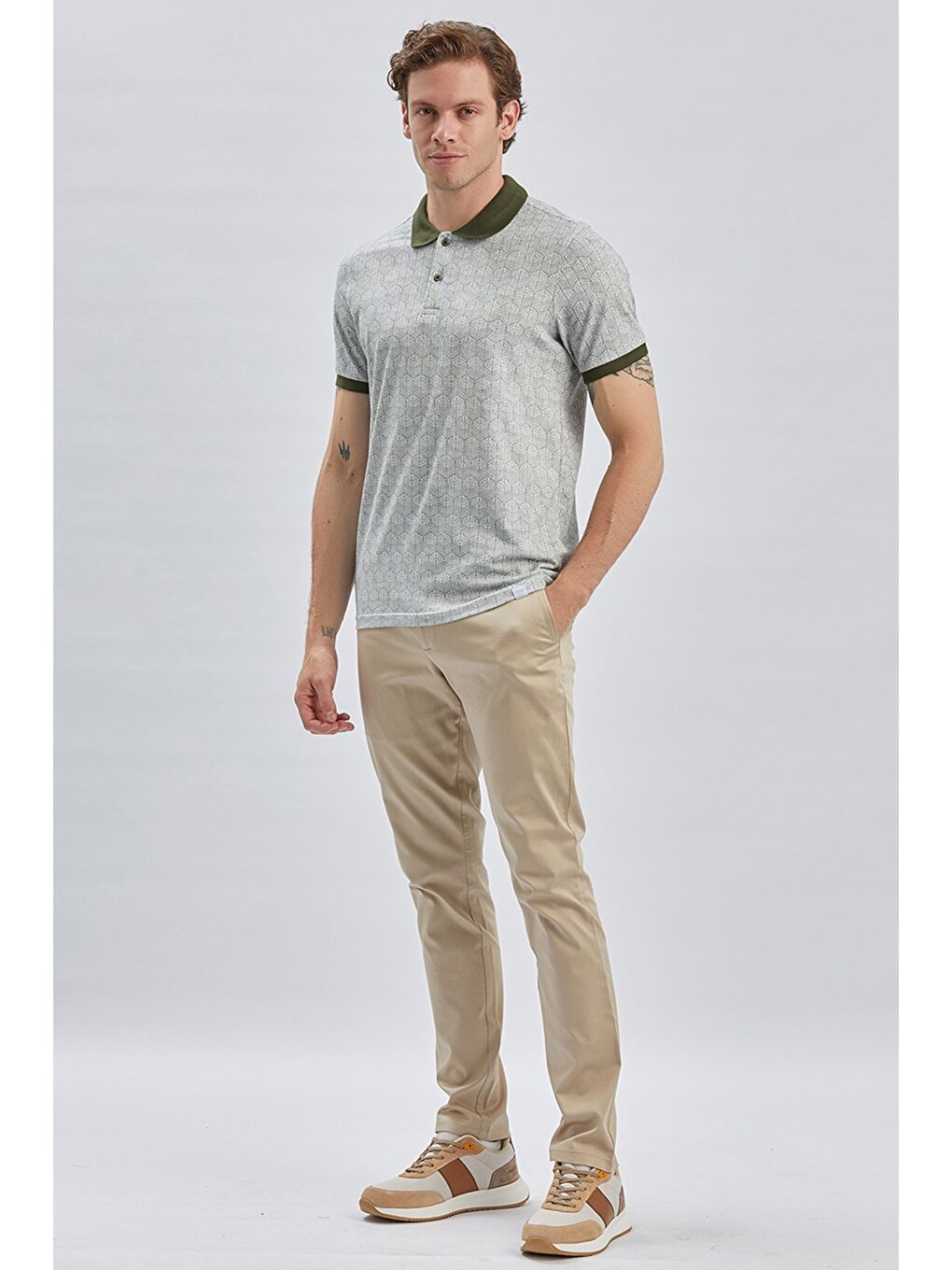 Koyu Haki Baskılı Pike Polo Yaka Pamuklu Elastanlı Casual Slim Fit Dar Kesim Tişört 1011240158