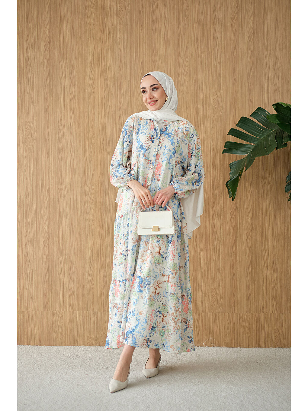 Kadın Vintage Çiçek Desen Elbise Mavi-3