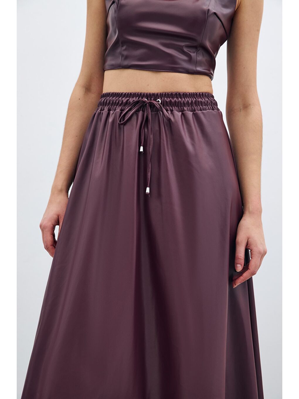 Bel Lastikli Deri Etek - Bordo-5