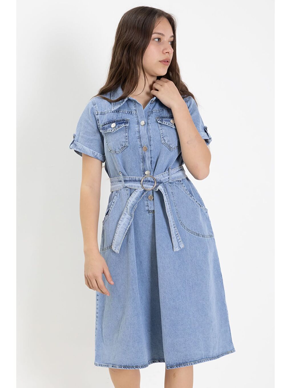 Mavi Gömlek Yaka Kısa Kollu Kız Çocuk Kuşaklı Jean Elbise 24020-4
