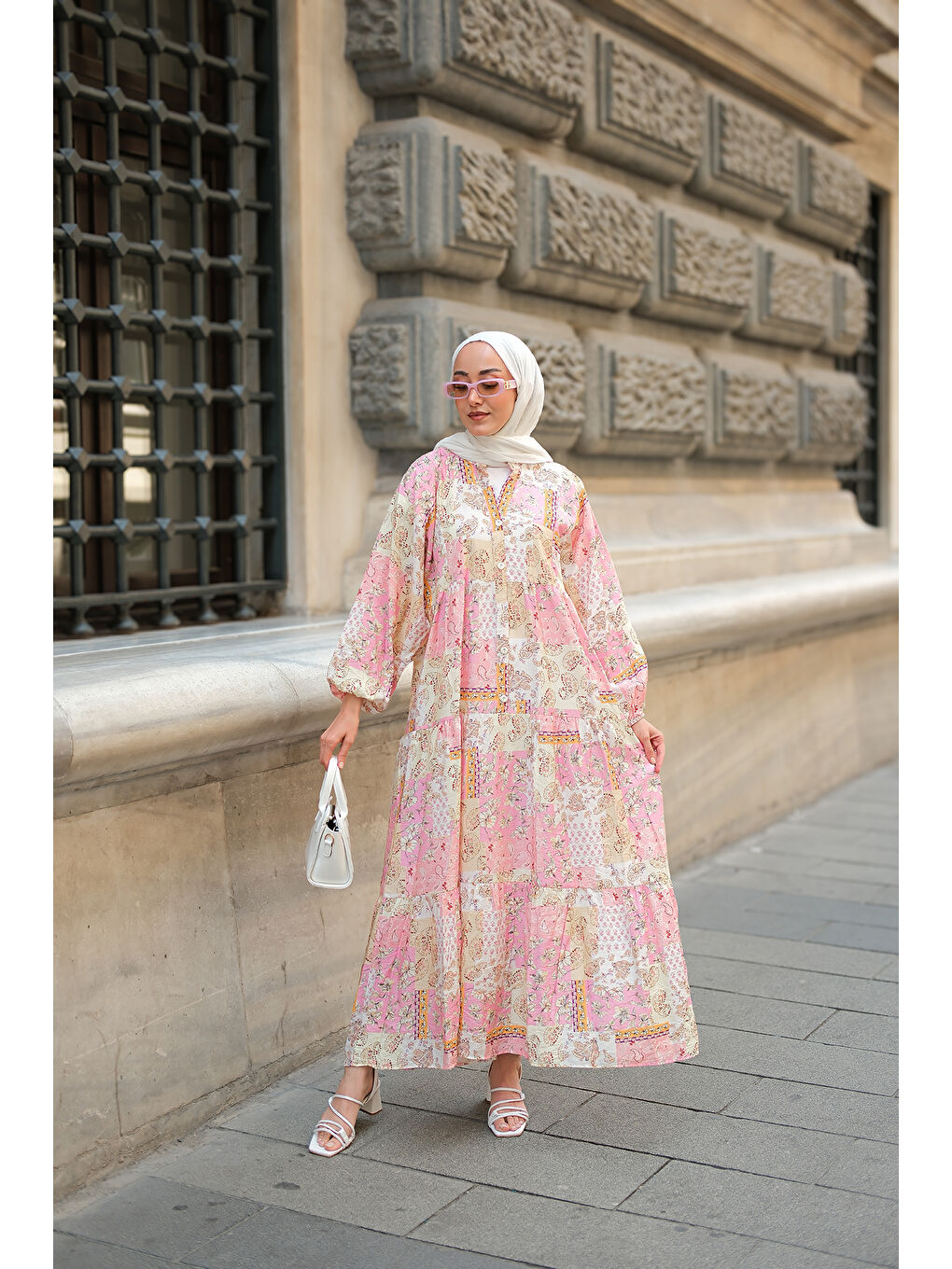 Kadın Vintage Çicek Desenli Elbise Pembe-1