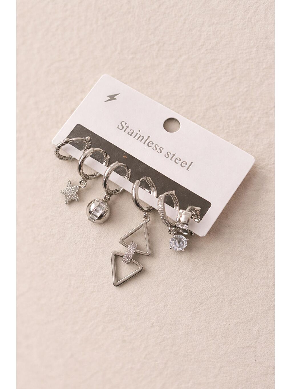 Gri Çelik 6'lı Geo Figürlü Modern Küpe-1