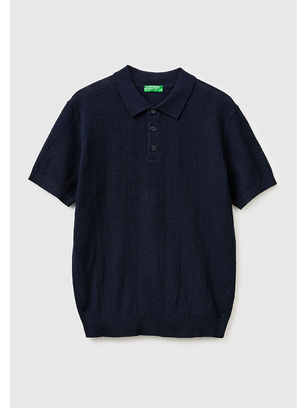 Erkek Lacivert  Pamuk Keten Karışımlı Düğmeli Örme Dokulu Polo Yaka  Triko T-Shirt