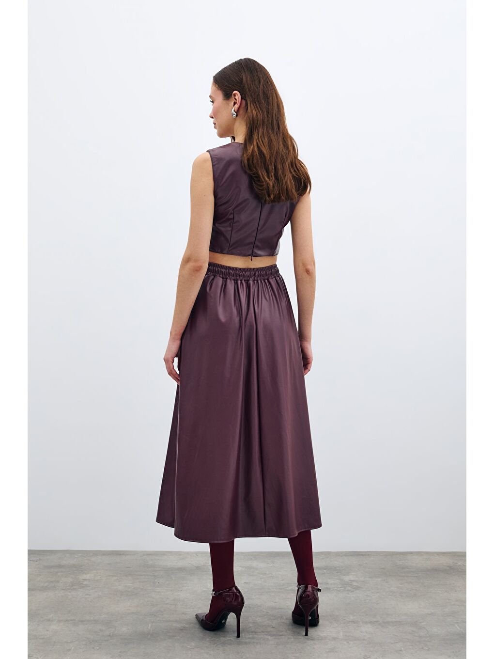 Bel Lastikli Deri Etek - Bordo-6