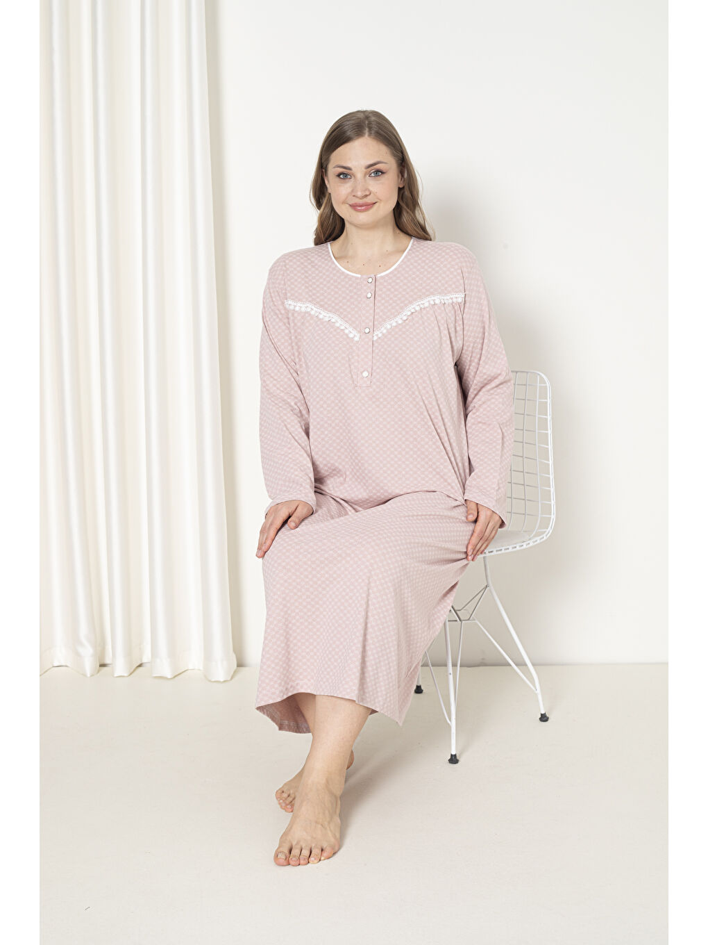 Pembe %100 Pamuklu Penye Uzun Kol Büyük Beden Anne Geceliği 052-3