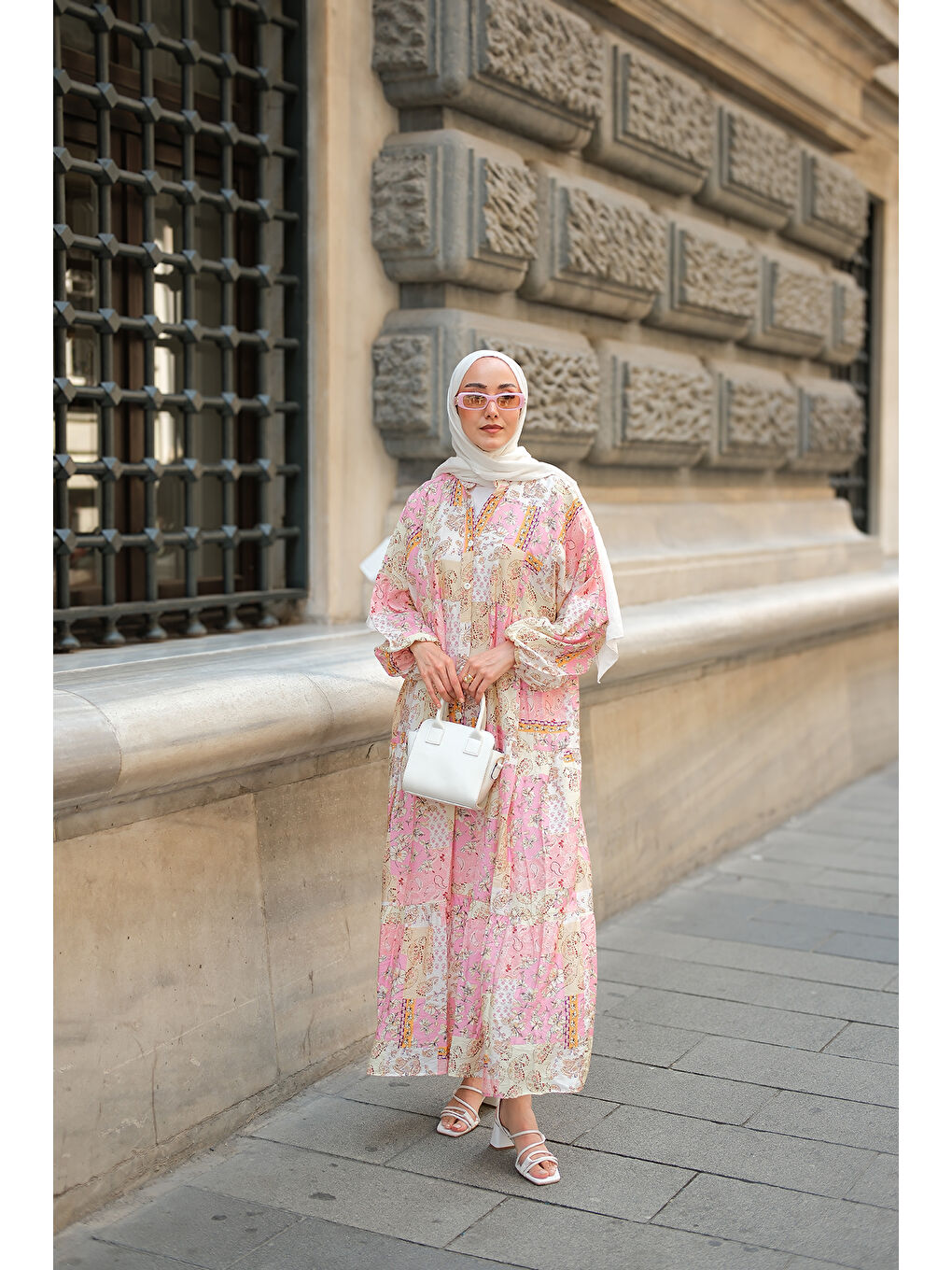 Kadın Vintage Çicek Desenli Elbise Pembe-2