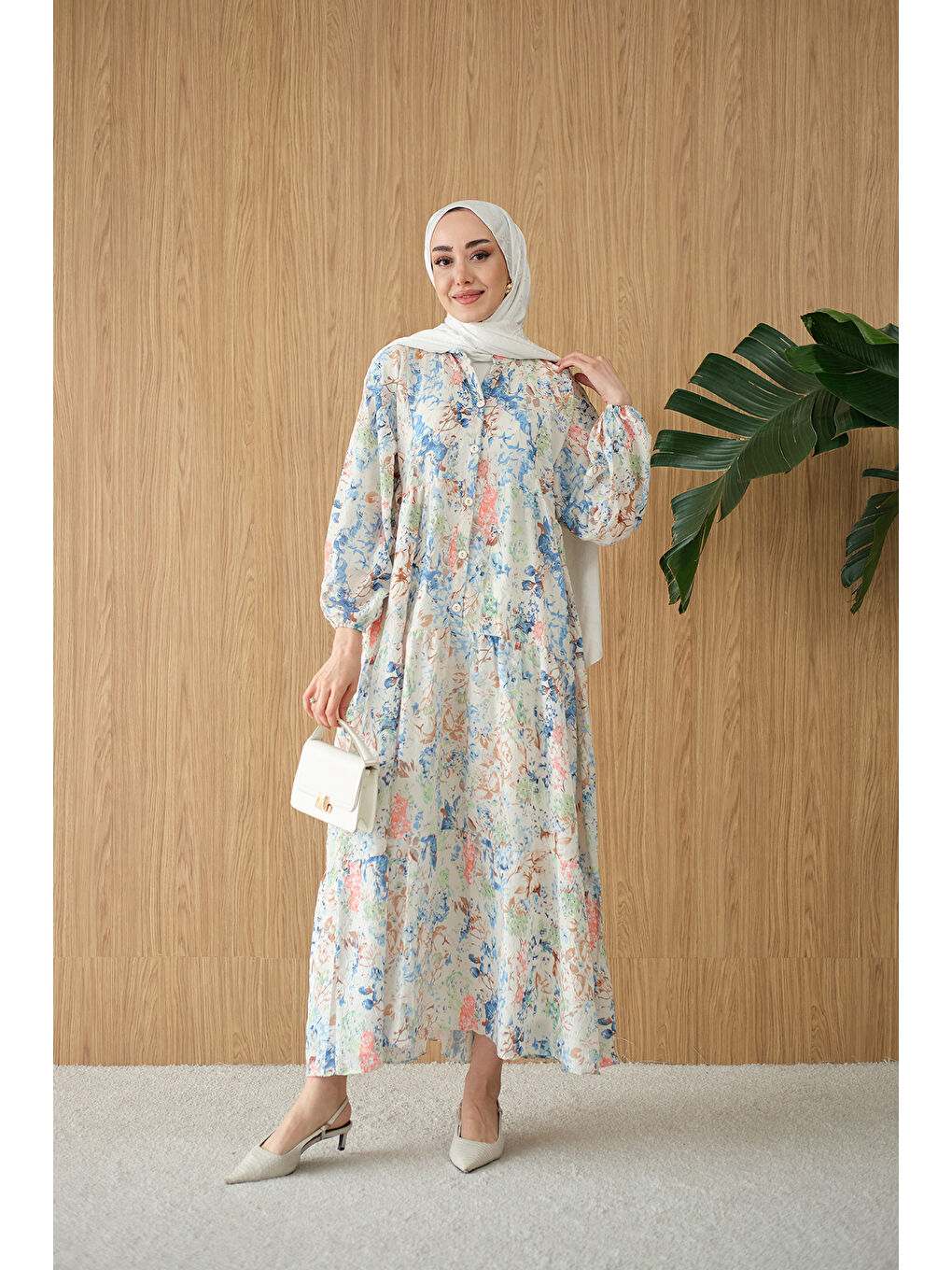 Kadın Vintage Çiçek Desen Elbise Mavi-4