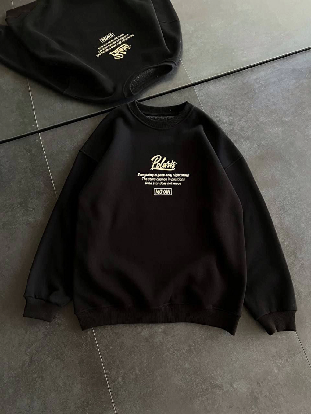 Kışlık Bisiklet Yaka Ön Ve Arka Baskılı Sweatshirt - Siyah