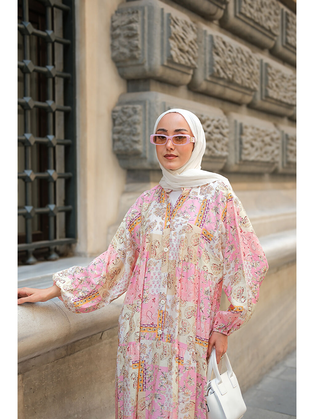 Kadın Vintage Çicek Desenli Elbise Pembe-3