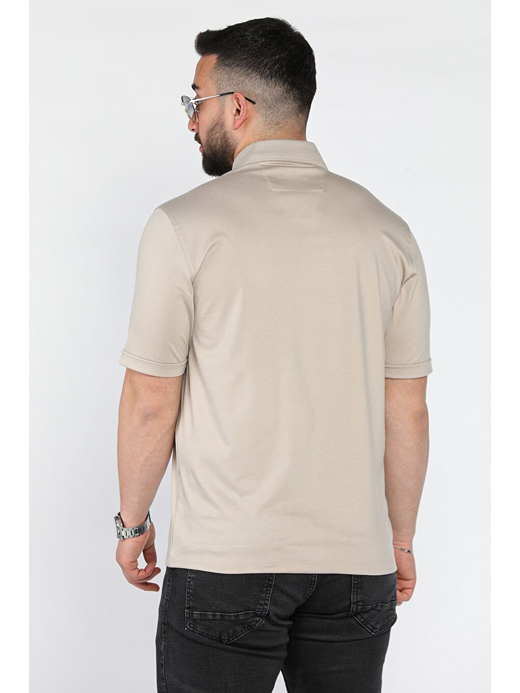 Bej Polo Yaka Yarım Düğmeli Cepli Erkek Tişört-2