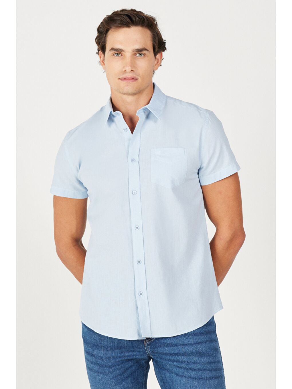 Mavi Regular Fit Normal Kesim Kısa Kollu Düğmeli Yaka Keten Gömlek-1