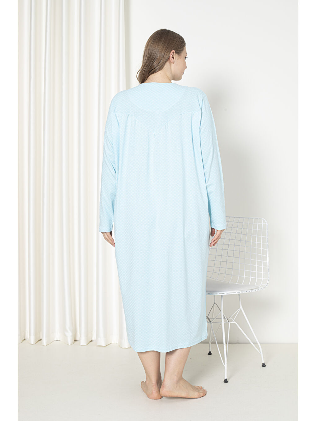 Yeşil %100 Pamuklu Penye Uzun Kol Büyük Beden Anne Geceliği 052-4