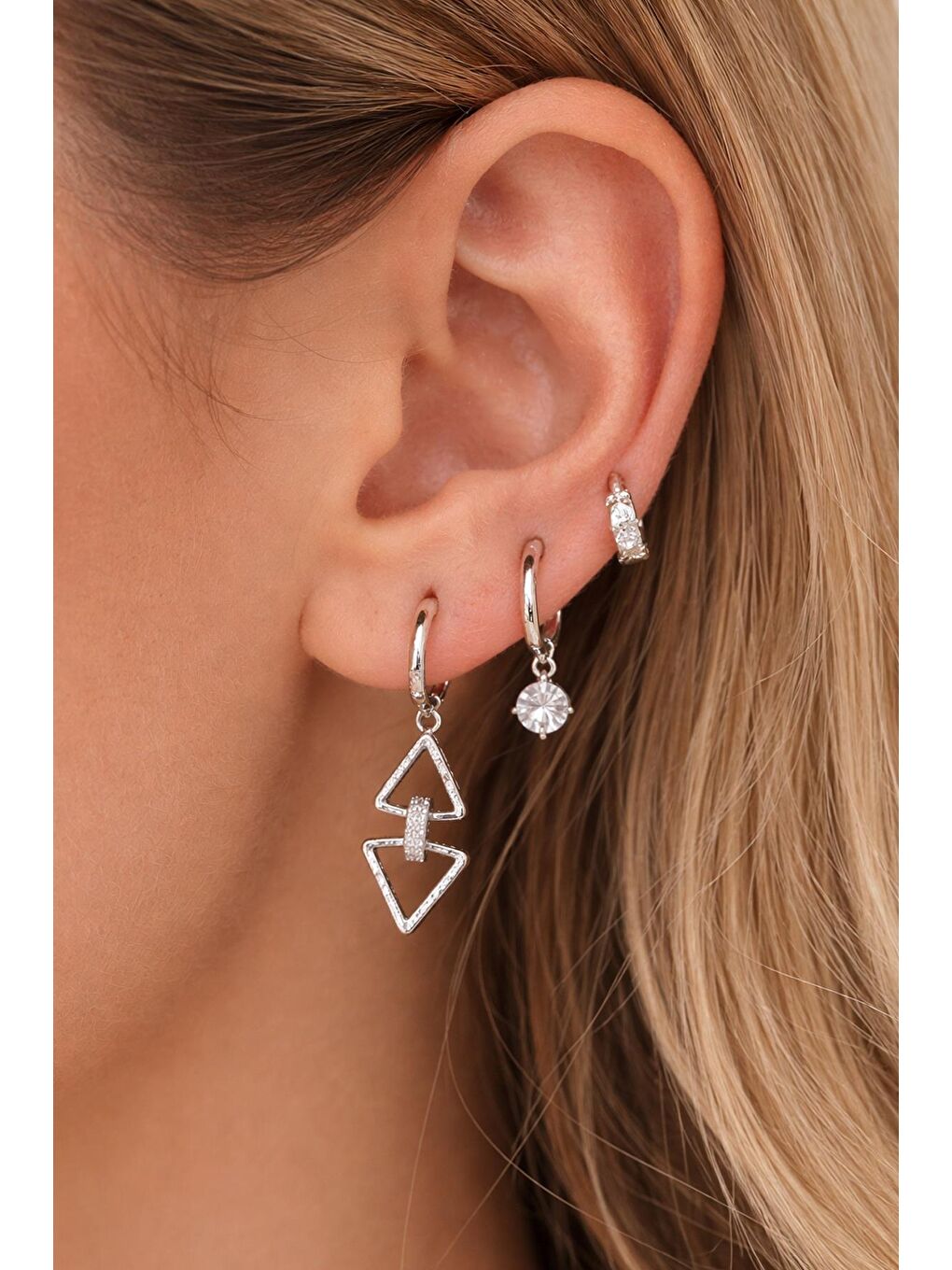 Gri Çelik 6'lı Geo Figürlü Modern Küpe-3