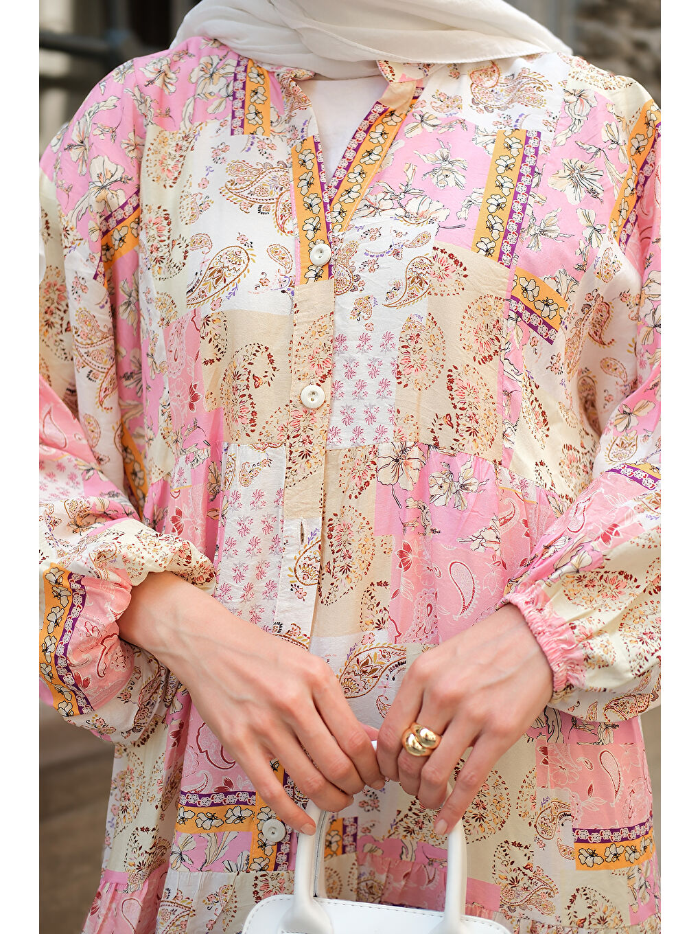 Kadın Vintage Çicek Desenli Elbise Pembe-4