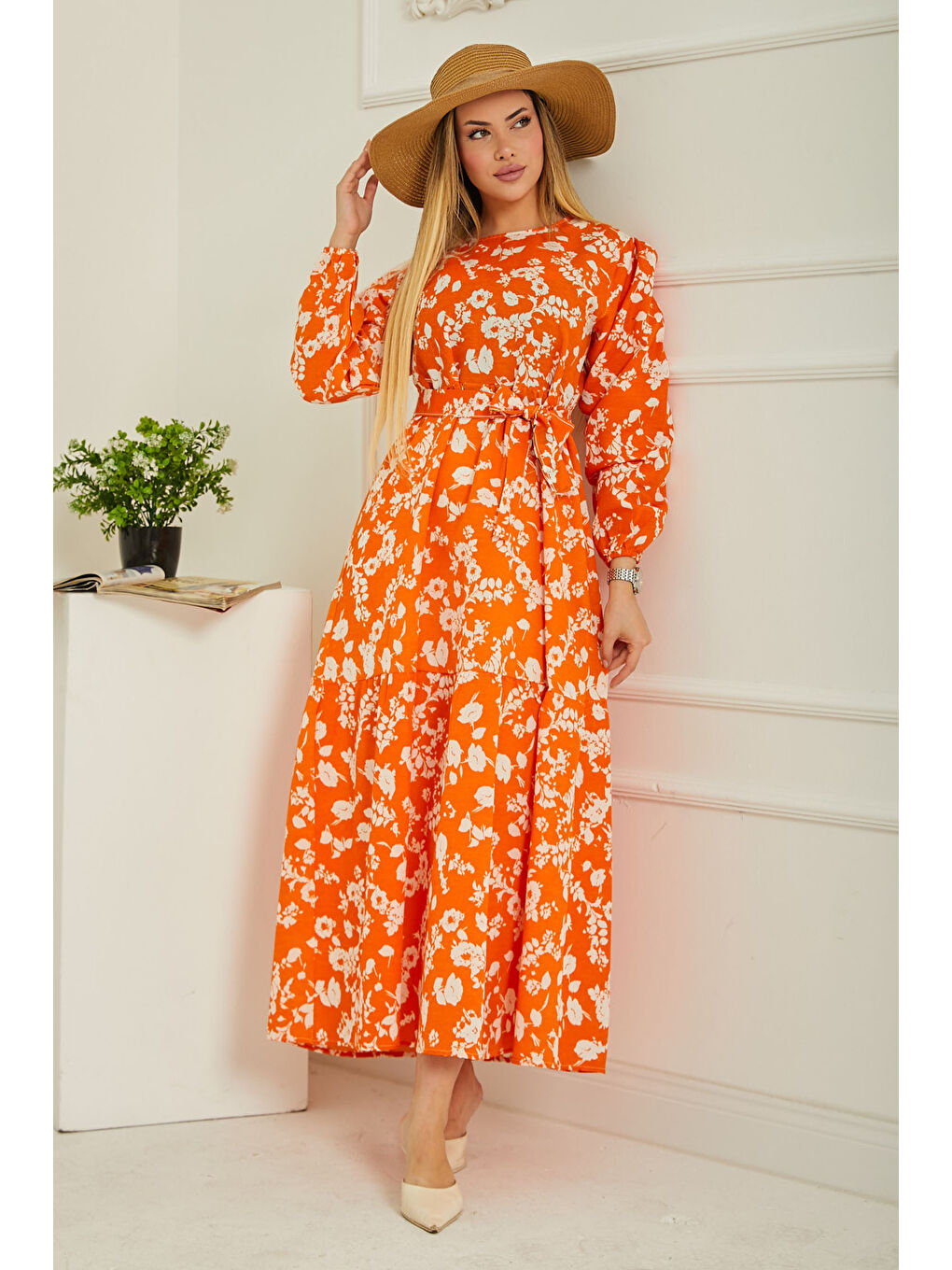 Turuncu Desenli Kolu Büzgülü Elbise Oranj - 26619-1