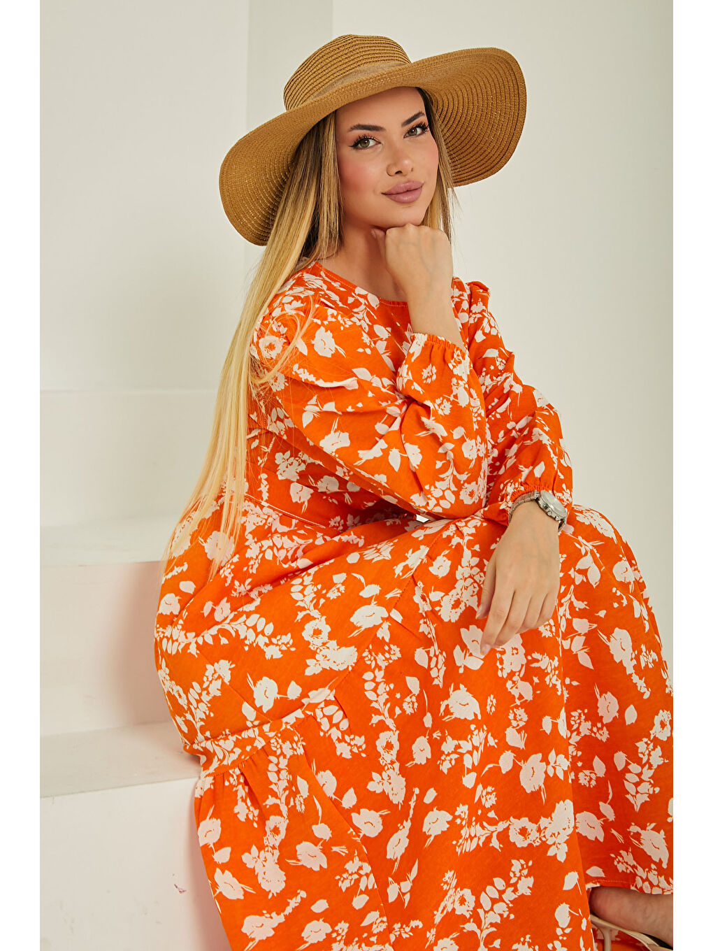 Turuncu Desenli Kolu Büzgülü Elbise Oranj - 26619-2