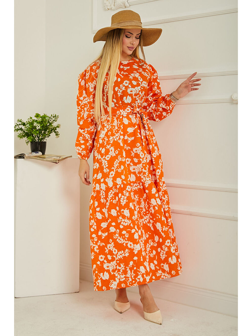 Turuncu Desenli Kolu Büzgülü Elbise Oranj - 26619-3