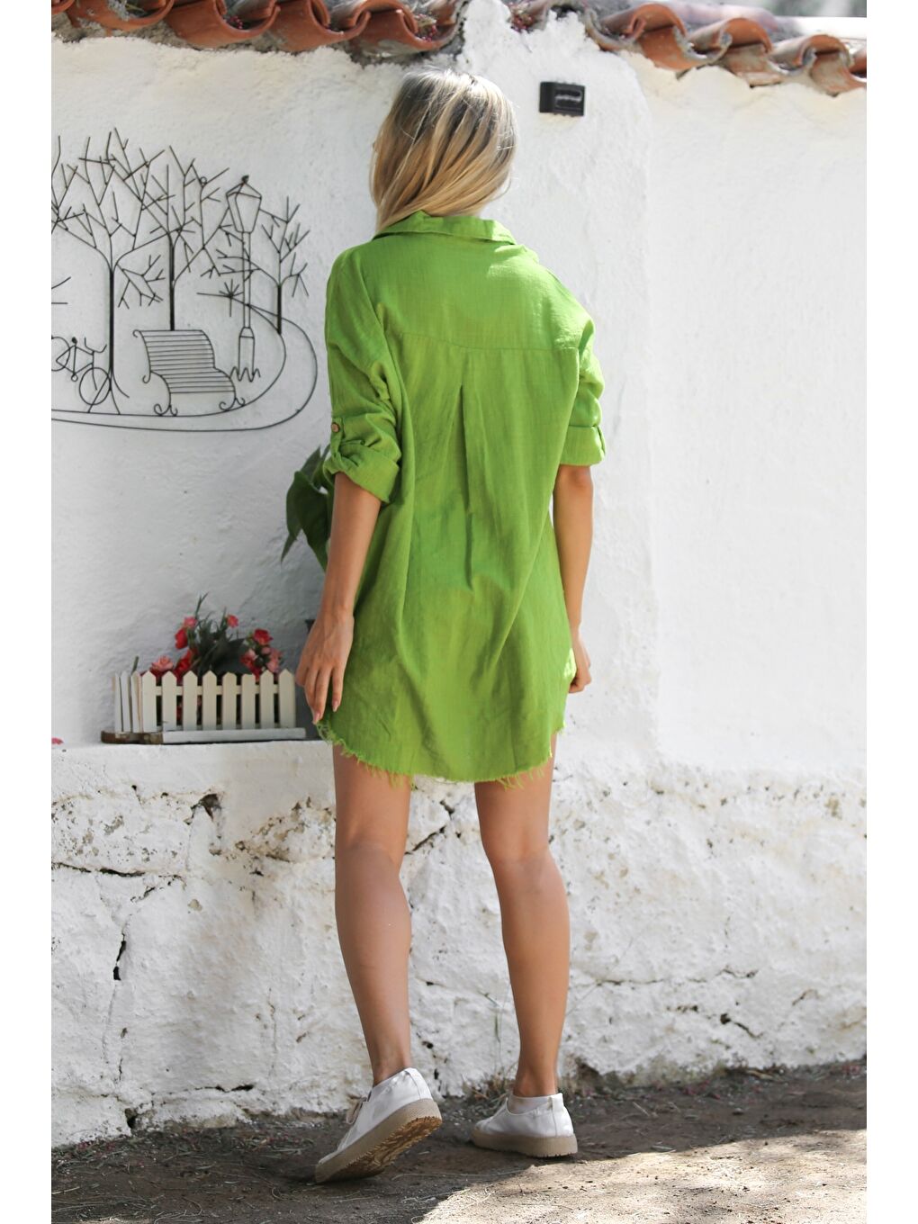 Fıstık Yeşili Gömlek Yaka Düğmeli Uzun Kollu Cepli Yıkamalı Pamuklu Dokuma Casual Gömlek-7