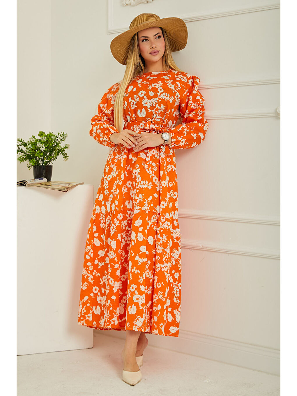 Turuncu Desenli Kolu Büzgülü Elbise Oranj - 26619-4