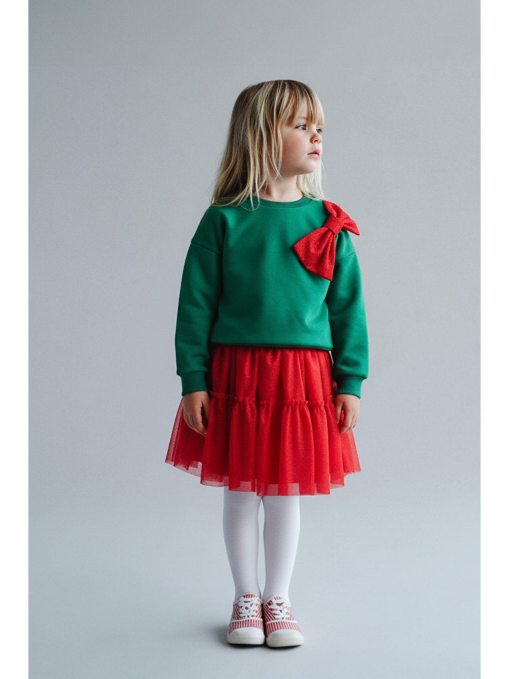 Karışık Kız Çocuk Pamuklu Yeşil Üst Kırmızı Tüllü Kurdele Detaylı Yeni Yıl Takımı