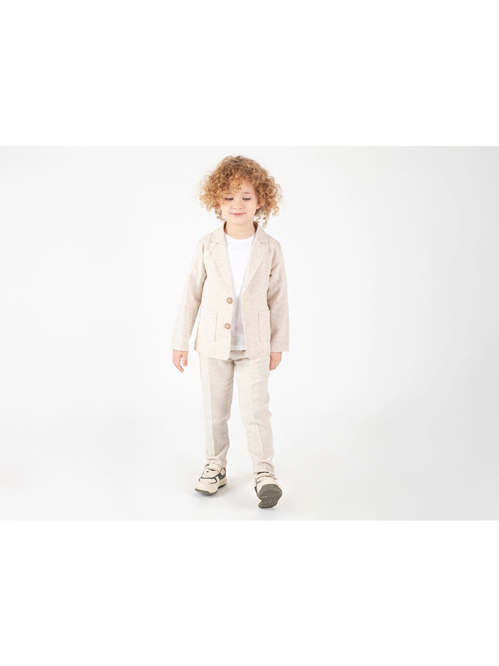 Ekru Keten Ceketli ve Pantolonlu Basic Tişörtlü Takım Elbise 2855-2