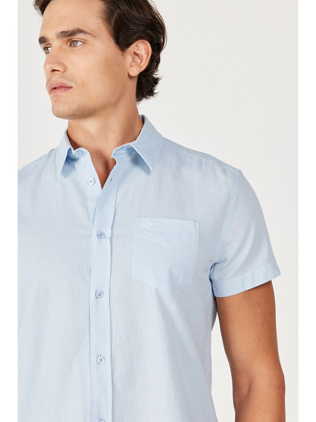 Mavi Regular Fit Normal Kesim Kısa Kollu Düğmeli Yaka Keten Gömlek-2