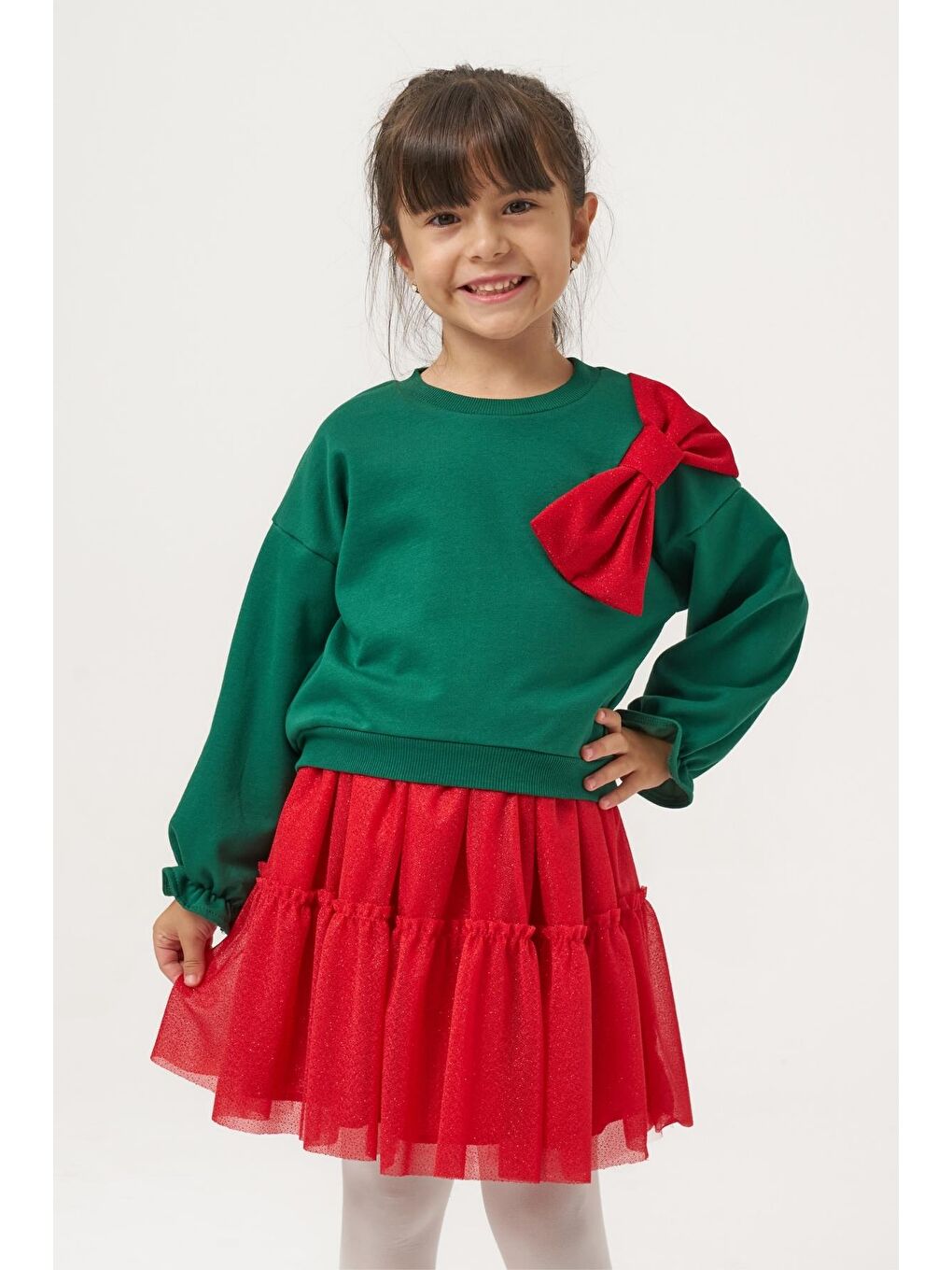Karışık Kız Çocuk Pamuklu Yeşil Üst Kırmızı Tüllü Kurdele Detaylı Yeni Yıl Takımı-1