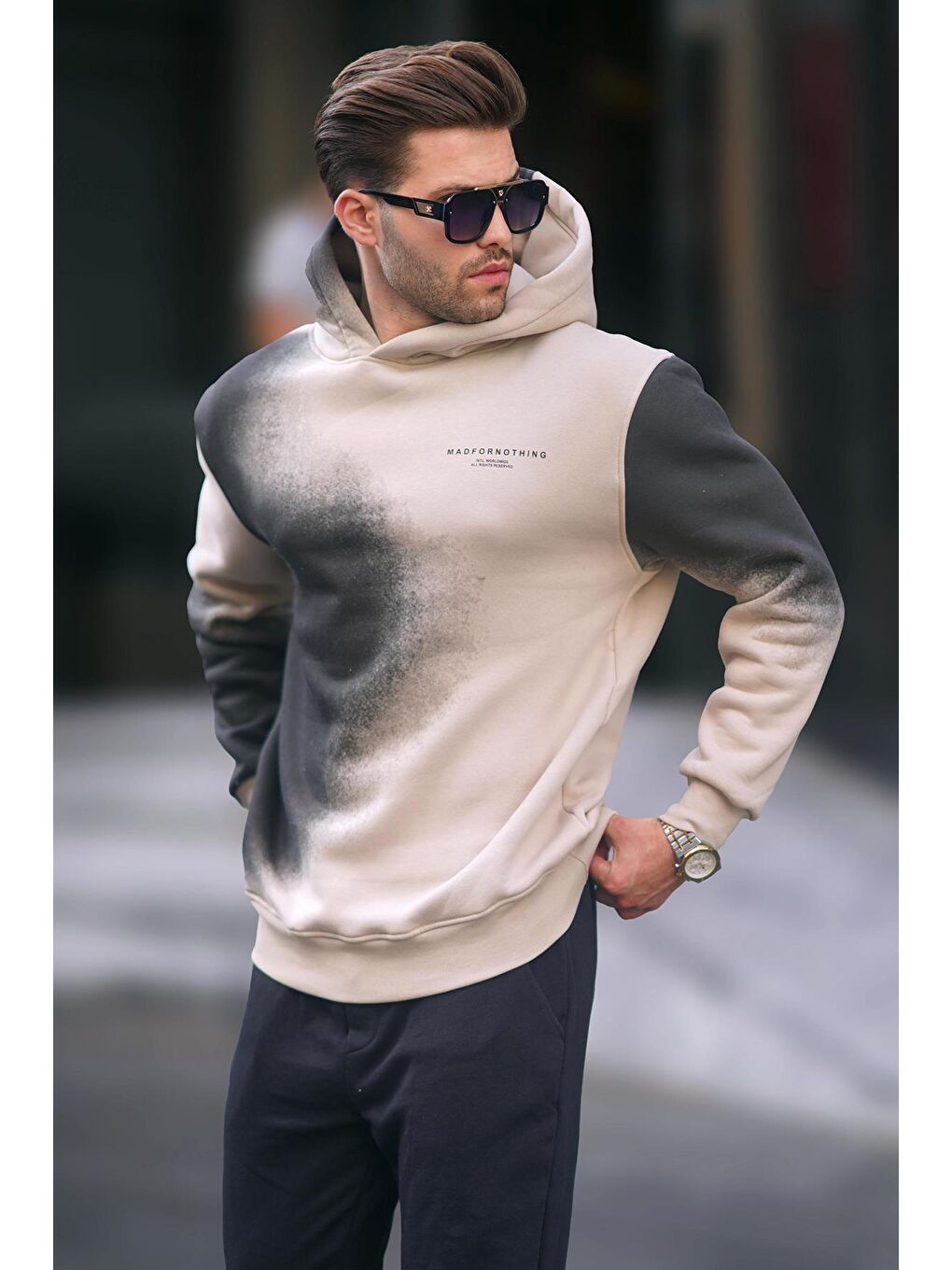 Madmext Bej Baskılı Kapüşonlu Soluk Kumaşlı Oversize Erkek Sweatshirt 7051