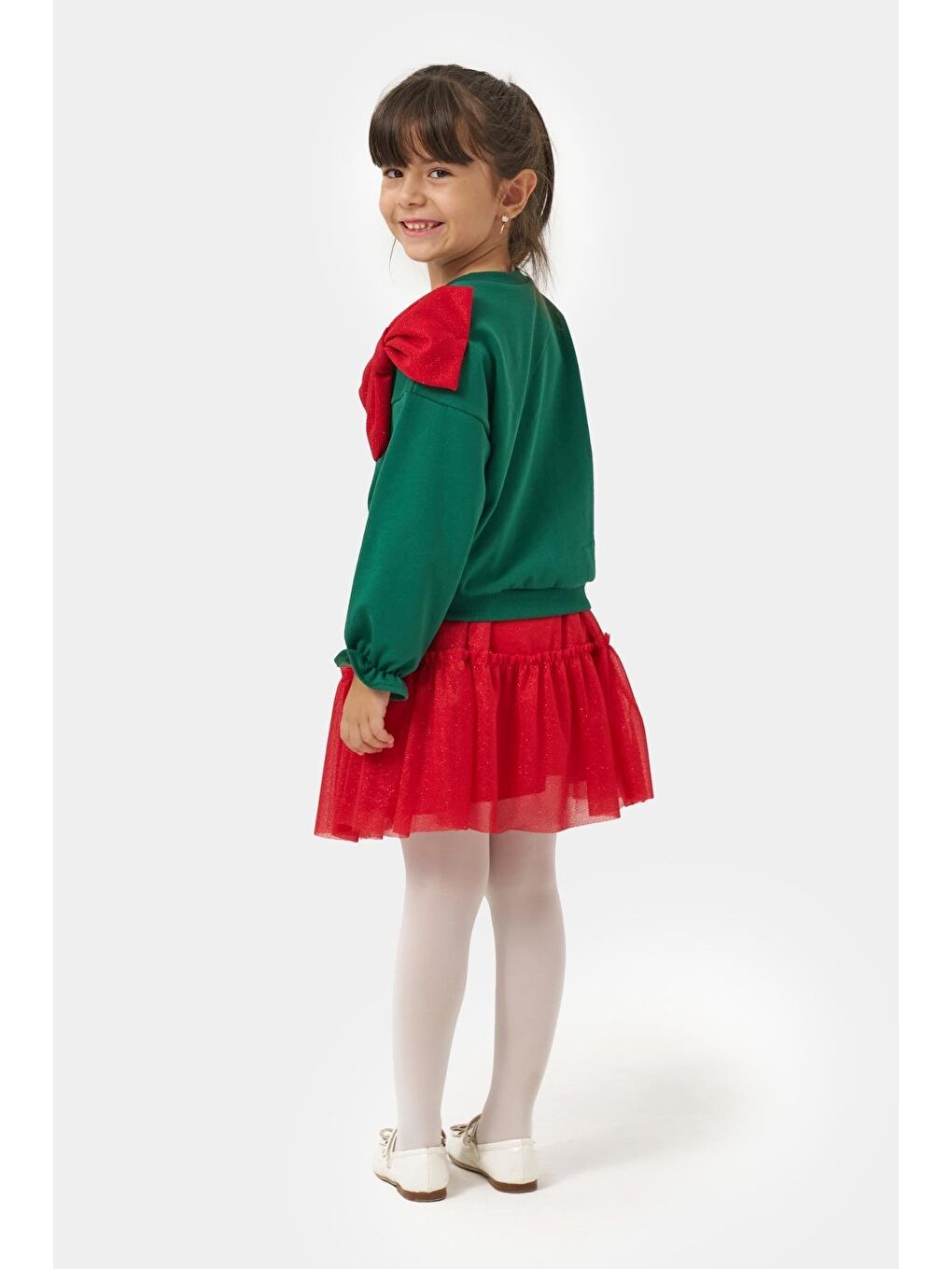 Karışık Kız Çocuk Pamuklu Yeşil Üst Kırmızı Tüllü Kurdele Detaylı Yeni Yıl Takımı-2
