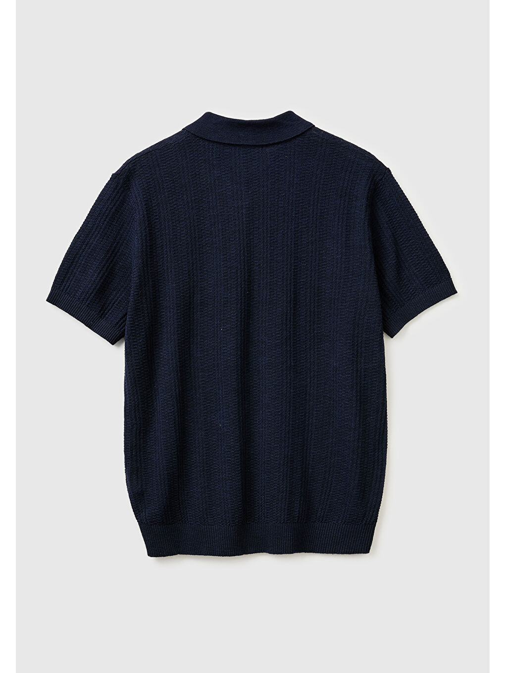 Erkek Lacivert  Pamuk Keten Karışımlı Düğmeli Örme Dokulu Polo Yaka  Triko T-Shirt-1