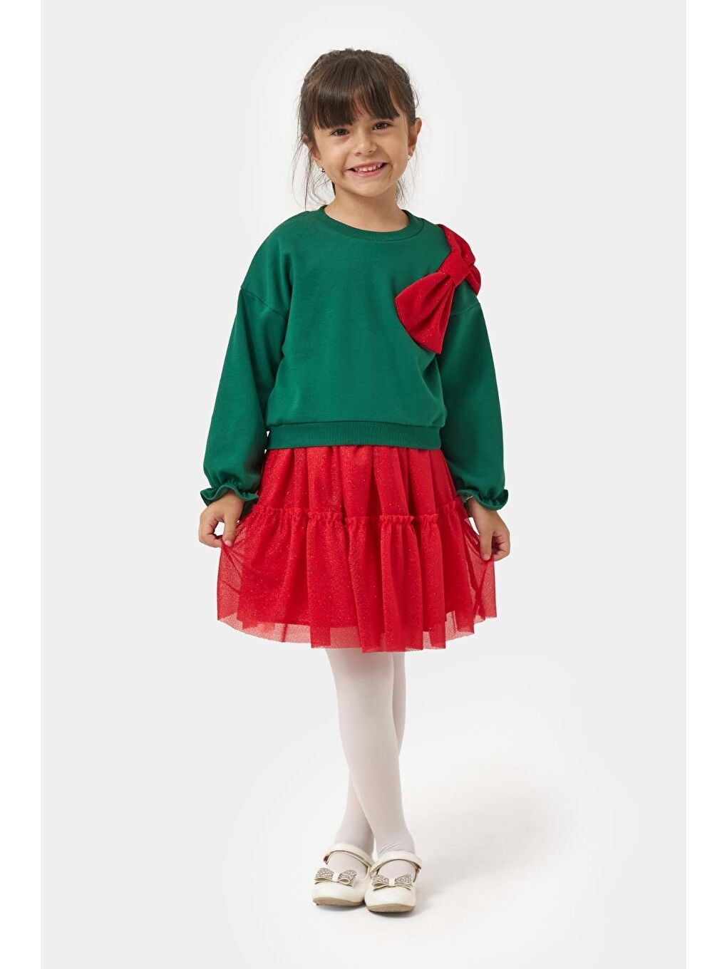 Karışık Kız Çocuk Pamuklu Yeşil Üst Kırmızı Tüllü Kurdele Detaylı Yeni Yıl Takımı-3