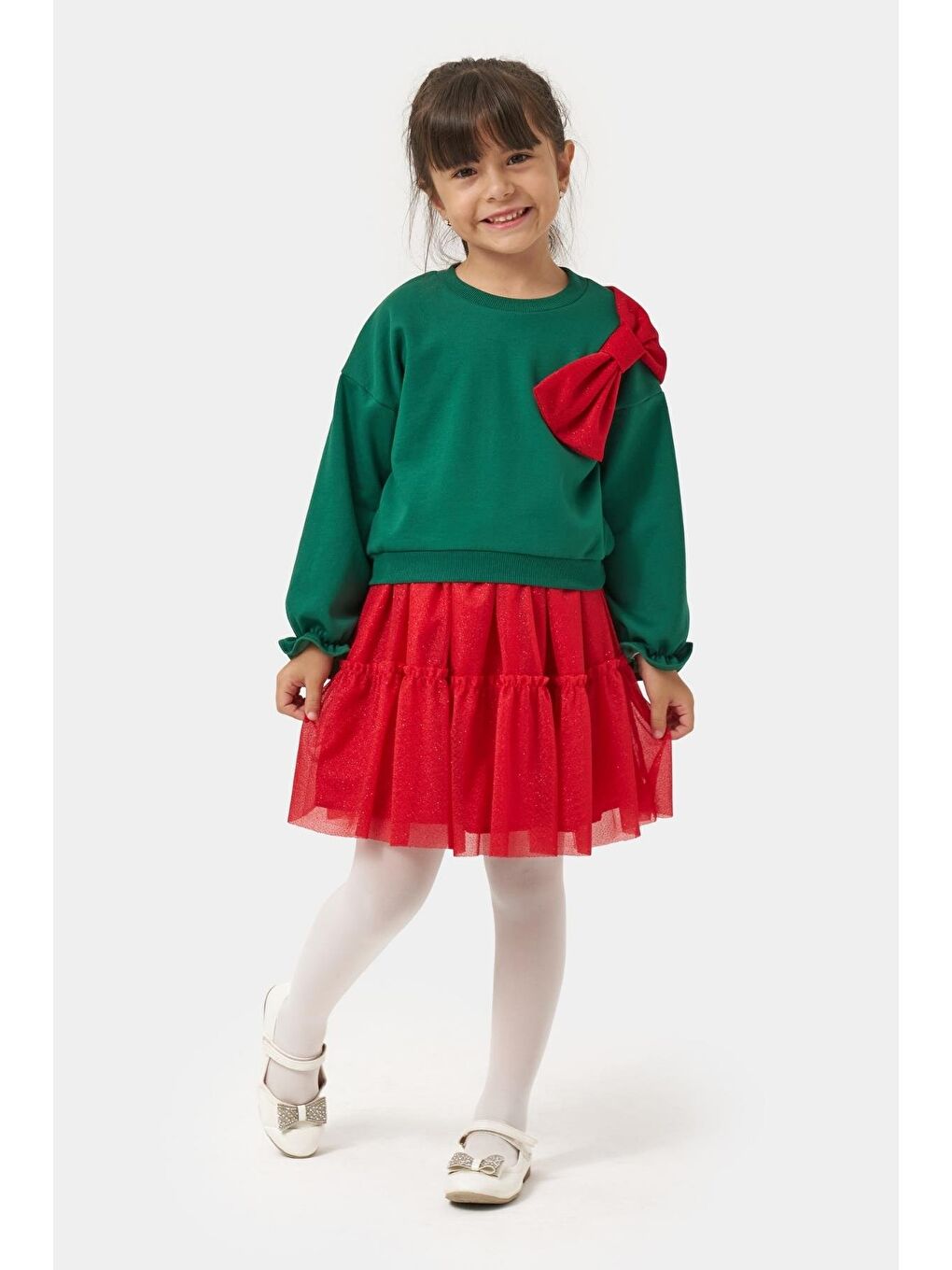 Karışık Kız Çocuk Pamuklu Yeşil Üst Kırmızı Tüllü Kurdele Detaylı Yeni Yıl Takımı-4