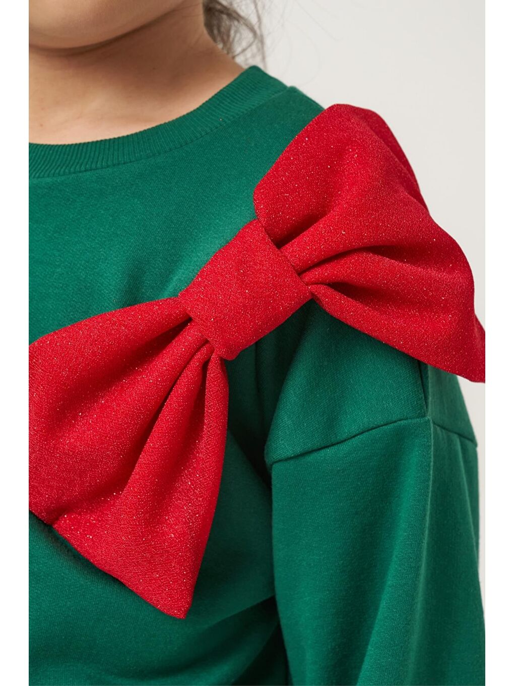 Karışık Kız Çocuk Pamuklu Yeşil Üst Kırmızı Tüllü Kurdele Detaylı Yeni Yıl Takımı-5