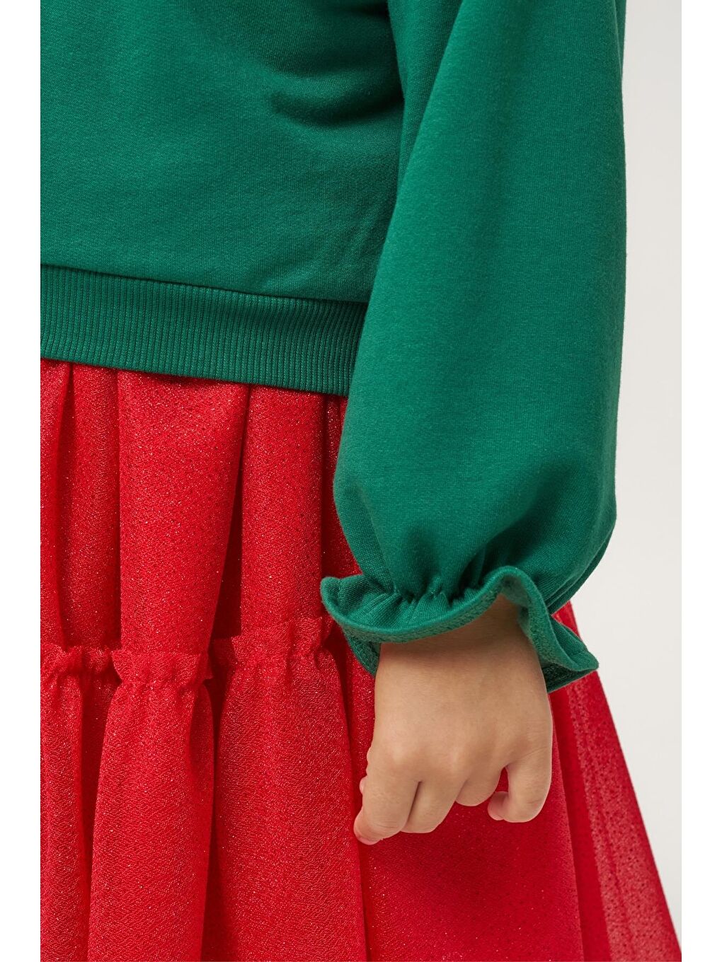 Karışık Kız Çocuk Pamuklu Yeşil Üst Kırmızı Tüllü Kurdele Detaylı Yeni Yıl Takımı-6