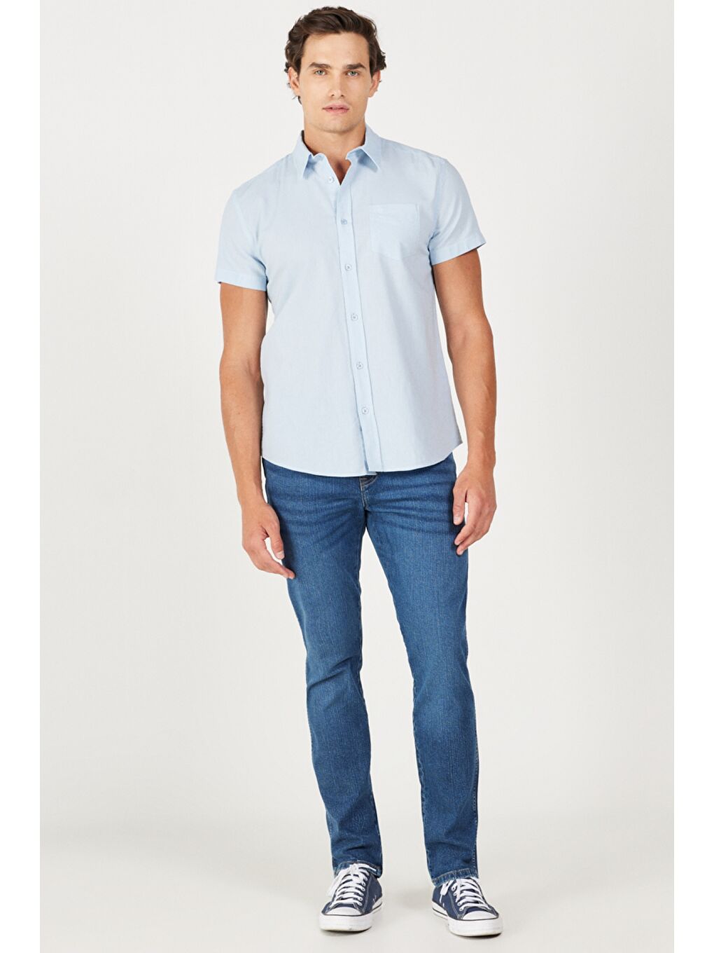 Mavi Regular Fit Normal Kesim Kısa Kollu Düğmeli Yaka Keten Gömlek-3