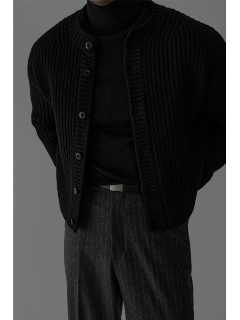 Siyah Erkek Slim Fit Pamuklu Yuvarlak Yaka Düğmeli Hırka-2