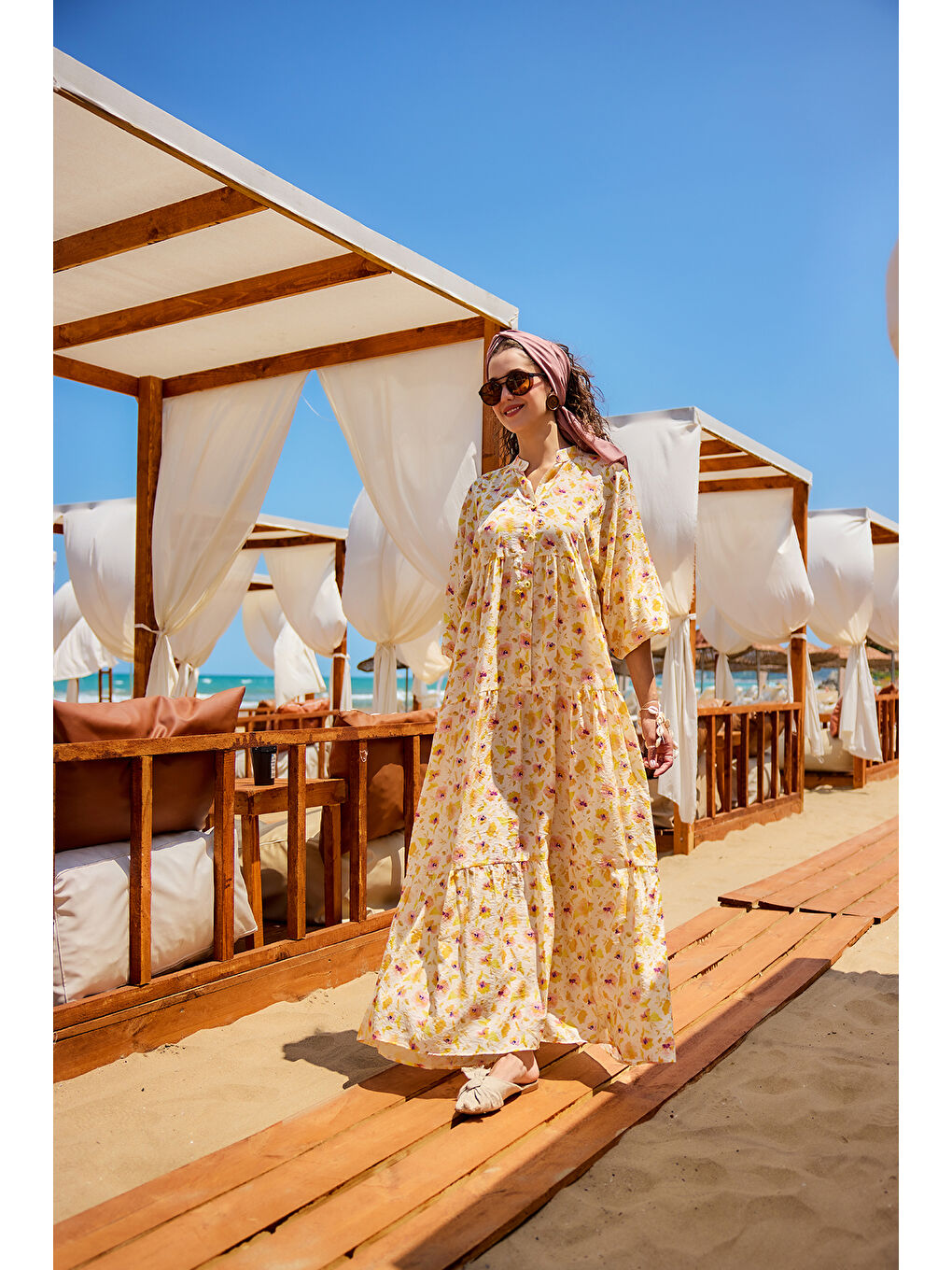 Kadın Sulu Boya Çiçek Desen Elbise Sarı-1