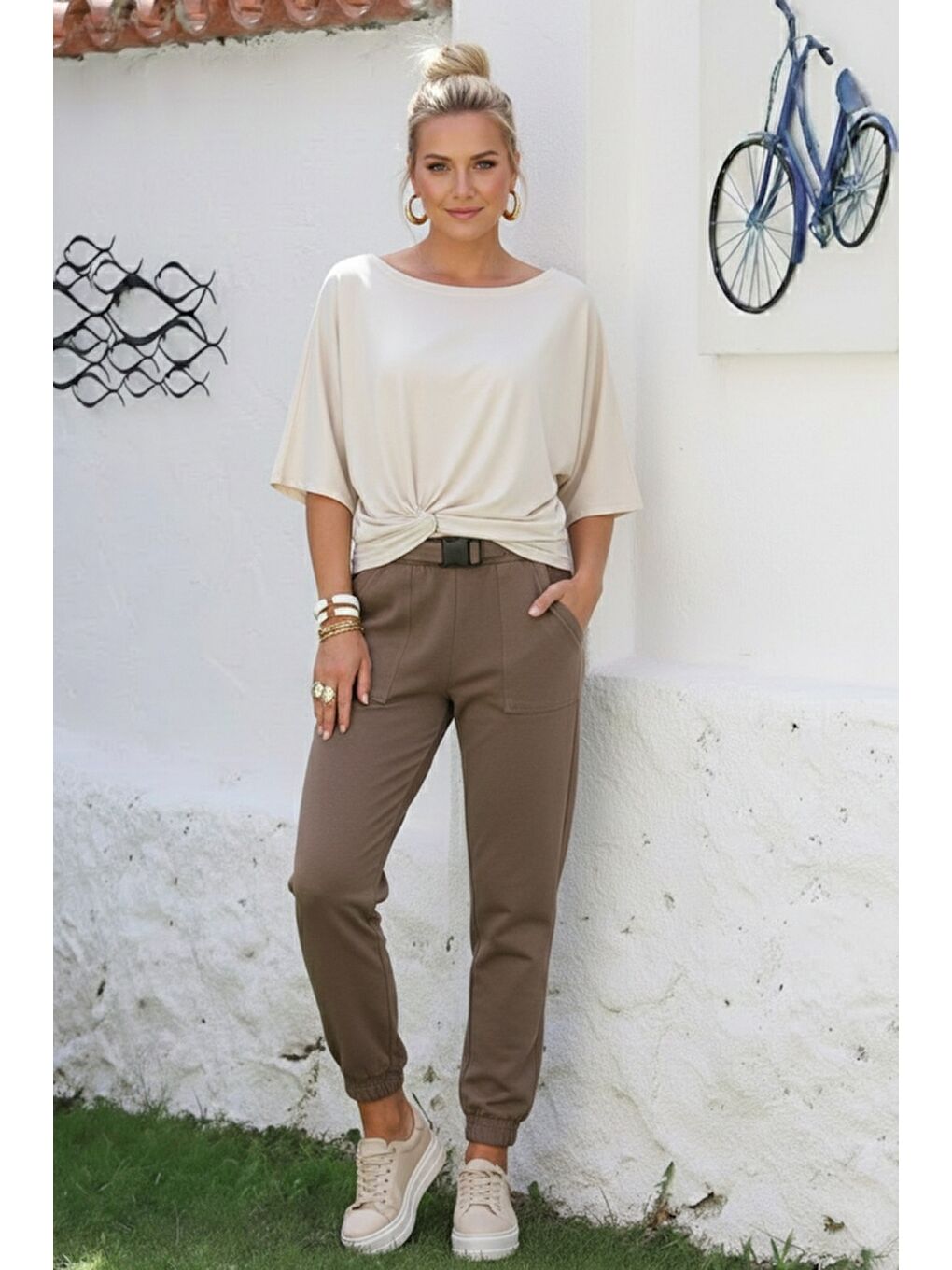 Kahverengi Açık Kahve Kemer Tokalı Lastikli Bel Lastikli Paça Casual Gabardin Dokuma Pantolon 100 55-1