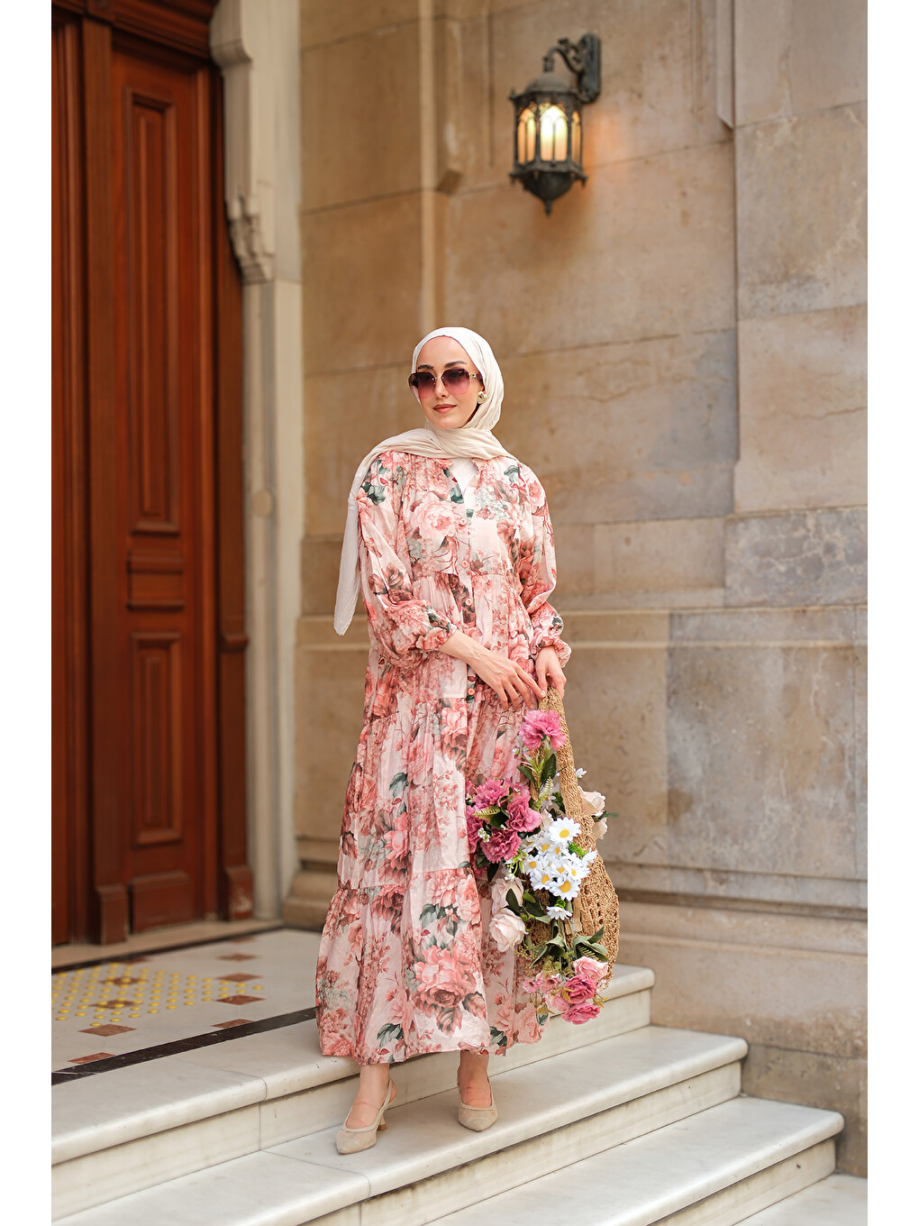 Pembe Kadın Gül Desenli Elbise Pudra-1