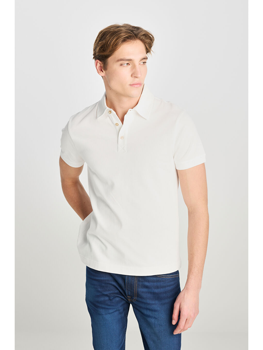 %100 Pamuk Regular Fit Normal Kesim Ekru Polo Yaka Tişört-1