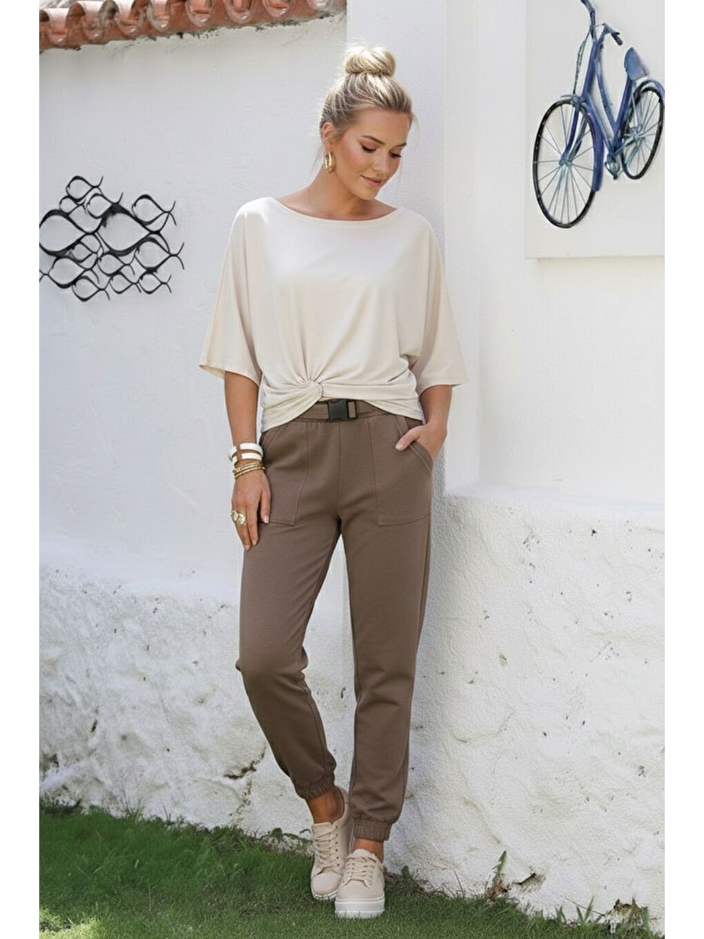 Kahverengi Açık Kahve Kemer Tokalı Lastikli Bel Lastikli Paça Casual Gabardin Dokuma Pantolon 100 55-2